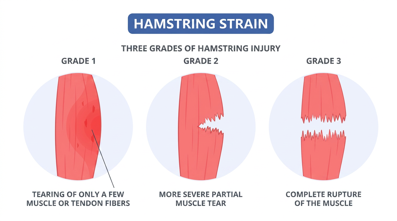 Illustration of the three grades of hamstring strain: grade 1 with few torn fibres, grade 2 partial muscle tear, and grade 3 complete muscle rupture.