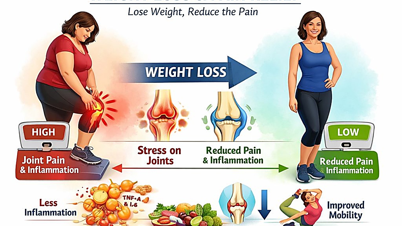 Infographic showing how weight loss reduces joint stress, inflammation and pain in osteoarthritis