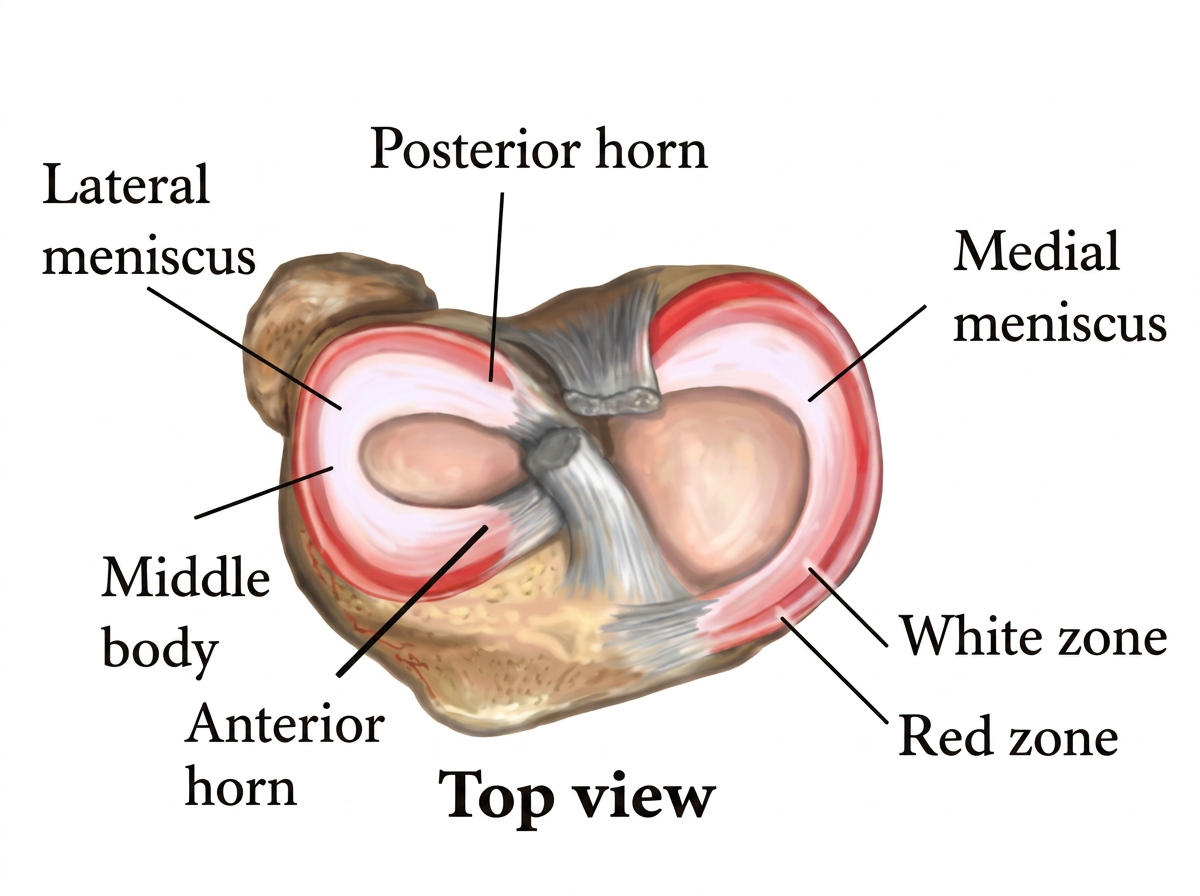 Top view of the knee showing the medial and lateral meniscus with the red and white vascular zones