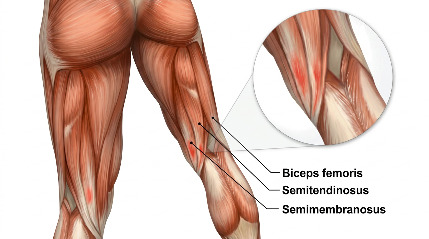 Anatomical illustration of the posterior thigh showing the three hamstring muscles, biceps femoris, semitendinosus and semimembranosus, with a magnified view of a hamstring strain.